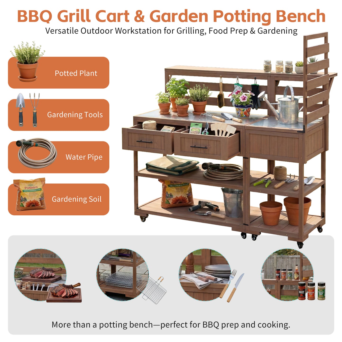 With Assembly Video  TOPMAx 62.3  Patio Kitchen Island Solid Wood Kitchen Cart With Stainless Table Top  Garden Potting Bench With Raised Shelf And Drawers  Grill Prep Table For BBQ  Party  Brown