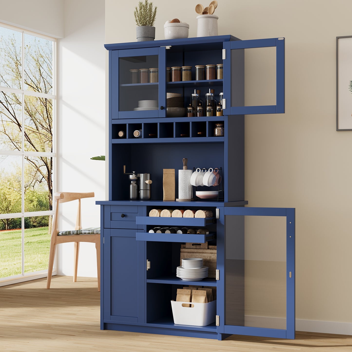 TOPMAx Farmhouse 35.4x17.7x74.8inch Freestanding Buffet With Hutch  Tall Kitchen Pantry Storage Cabinet With Wine Rack And Adjustable Shelves For Dining Room  Blue