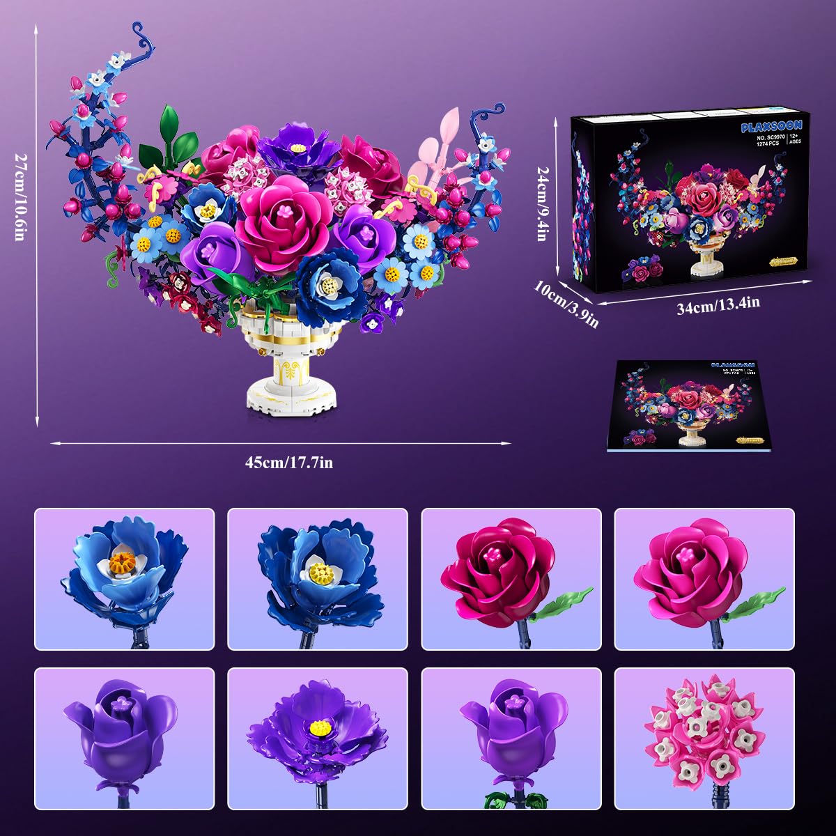 Moon Flower Bouquet Building Set With Lights,Valentines Day Flowers Botanicals Building Block Kit, Bonsai Plant  Home Decor Gift For Adults Women Boys Girls