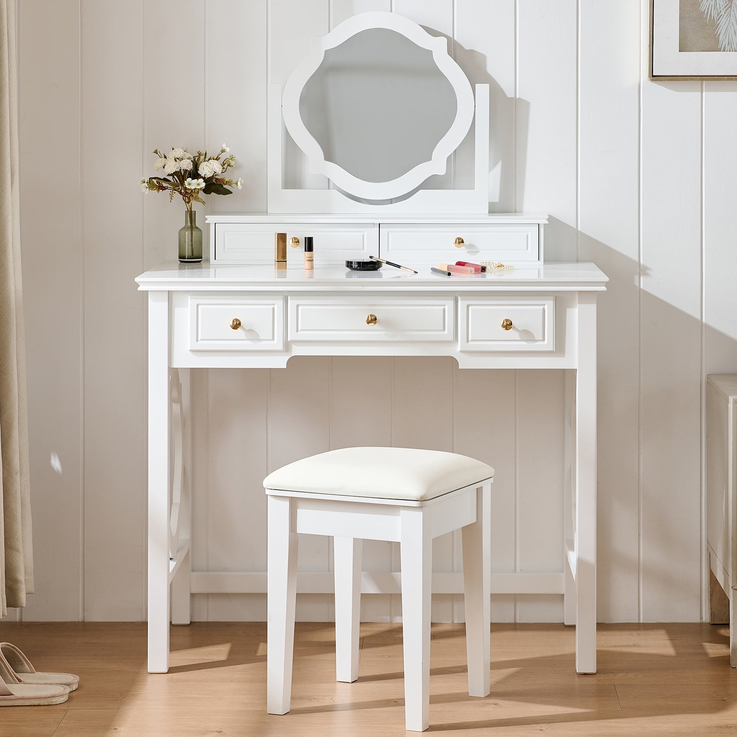 Compact Makeup Vanity Table With Reversible Mirror, Dressing Table Set With Stool, Space-Saving Beauty Station For Small Places, White