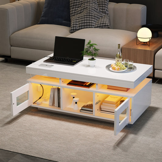 High-gloss White Coffee Table With App-controlled LED Lights, Living Room Table With Storage Cabinet, Sofa Table With Charging Port And Power Outlet Suitable For Offices And Studies.
