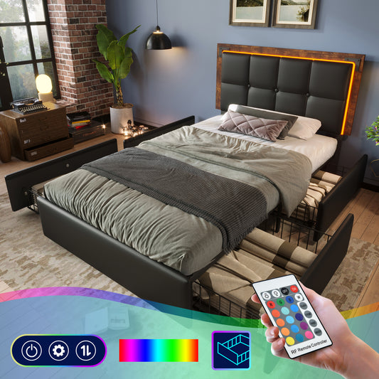 Bed Frame With LED Lighting Strip And 4 Drawers, Single Bed Upholstered Bed 90x200cm, Height-adjustable Headboard, Functional Bed, PU Black  Without Mattress