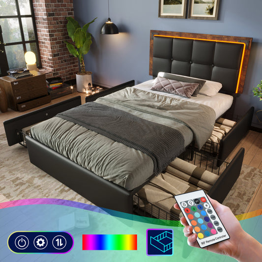 Bed Frame With LED Lighting Strip And 4 Drawers, Single Bed Upholstered Bed 90x200cm, Height-adjustable Headboard, Functional Bed, PU Black  Without Mattress