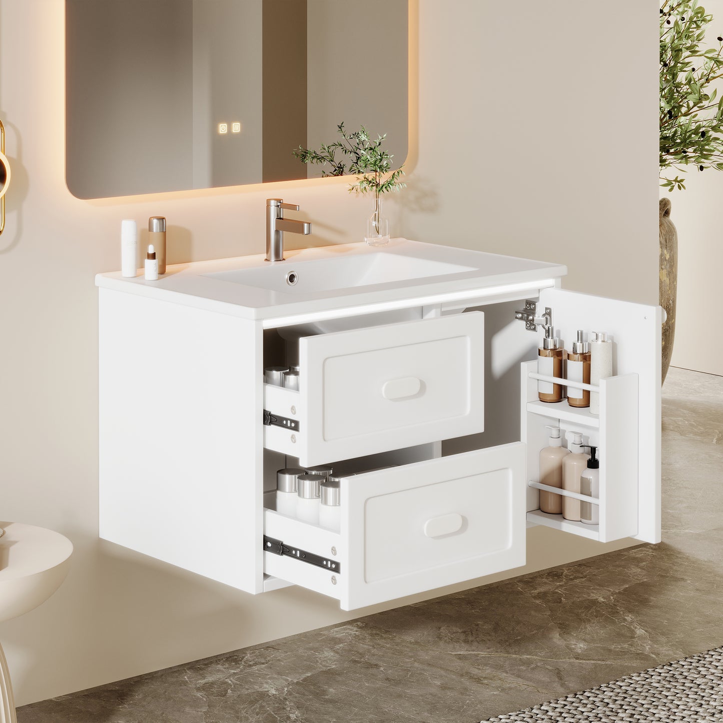 76x46x51cm Bathroom Wall Cabinet, Fully Painted, LED R Adar Sensor Lighting, Two Drawers, Quiet Sliding Rails, Integrated Washbasin, White