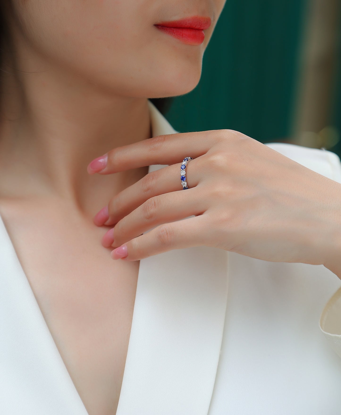 2.4g S925 Sterling Silver Platinum Plated Eternity Ring  Synthetic Blue Sapphire & White Stone Alternating Band, Dainty Hollow Promise Ring For Women, Jewelry Gift Box Set