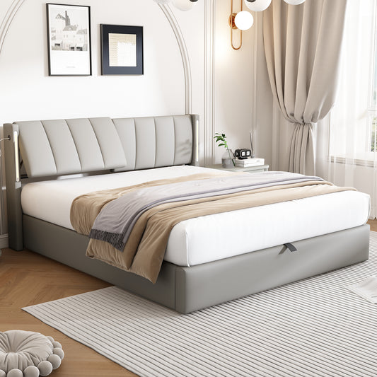 Binaural LED Upholstered Bed 140 X 200 Cm, Hydraulic Bed, Rechargeable USB Port In Bed, With LED Lighting, With Storage, Adjustable Headboard, PU, Grey