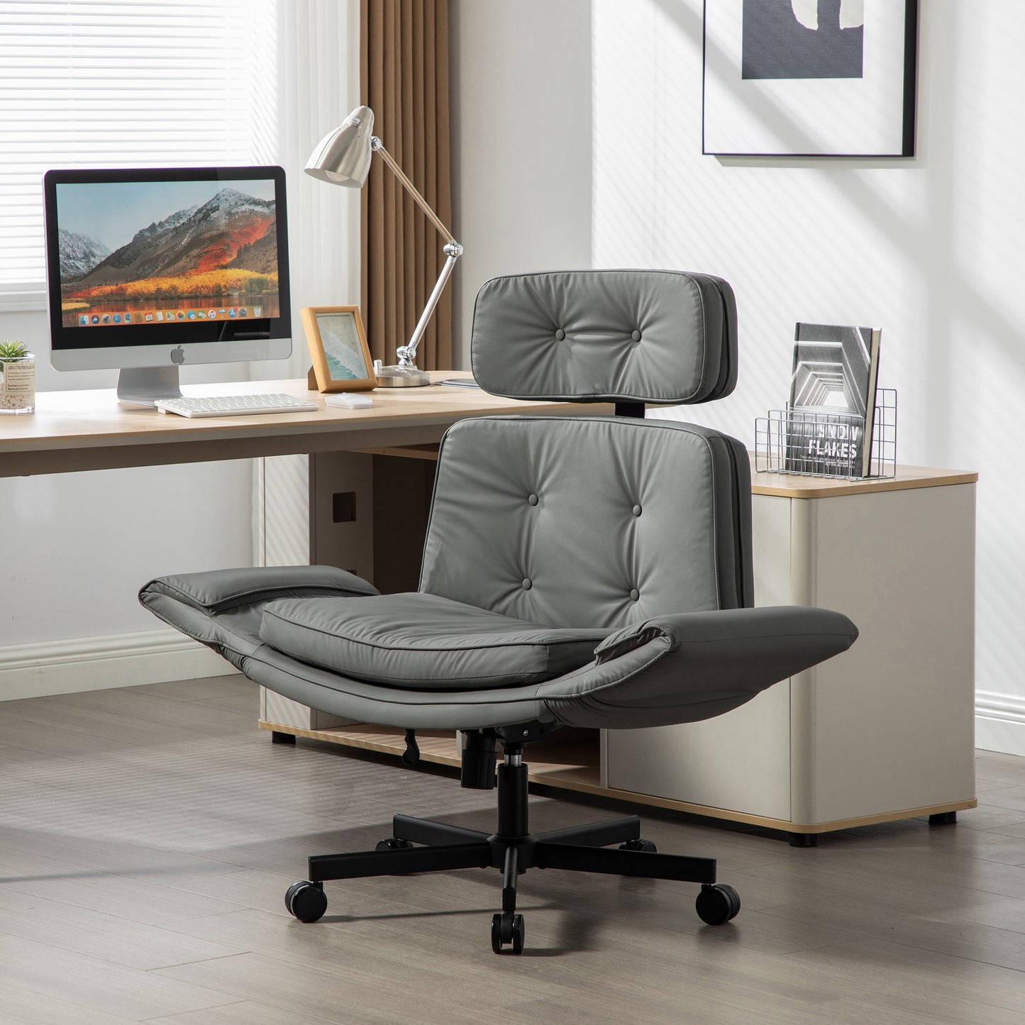 Criss Cross Chair With Adjustable Armrests & Wheels & Headrest, PU Lounge Vanity Desk Chair With Wide Seat For Cross-Legged Sitting, Swivel Task Office Chairs For Home, Makeup, Gaming, Office, Gray