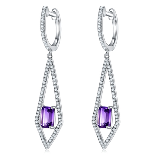 S925 Sterling Silver Dangle Earrings 6x4mm Natural Amethyst, Platinum Plated Long Kite Drop Earrings For Women, Fine Jewelry Gift Box Set