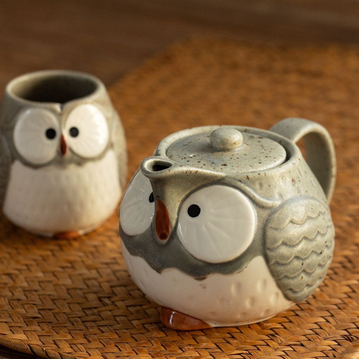 Mino Yaku Cute Owl Tea Pot Japanese Tea Set