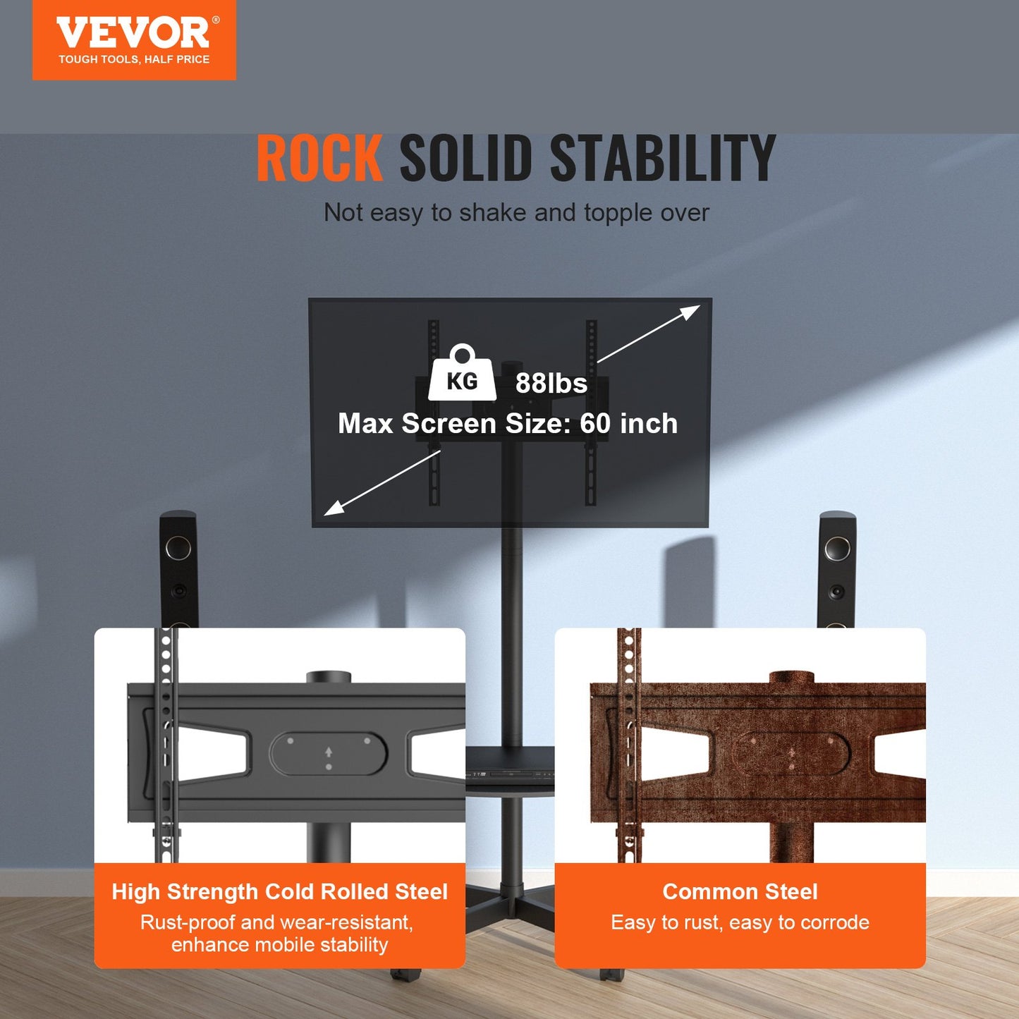VEVOR Mobile TV Stand, Mobile TV Cart For 23 To 60 Inch TVs, Height Adjustable Portable TV Stand With Wheels, With A Tray For Audio-Visual Devices, Rolling TV Stand With Mount For Bedroom, Living Room