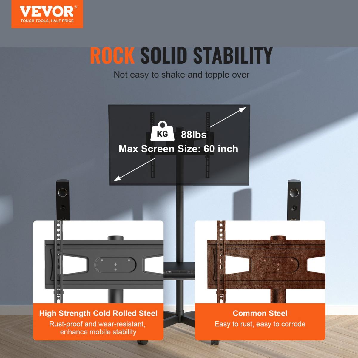 VEVOR Mobile TV Stand, Mobile TV Cart For 23 To 60 Inch TVs, Height Adjustable Portable TV Stand With Wheels, With A Tray For Audio-Visual Devices, Rolling TV Stand With Mount For Bedroom, Living Room