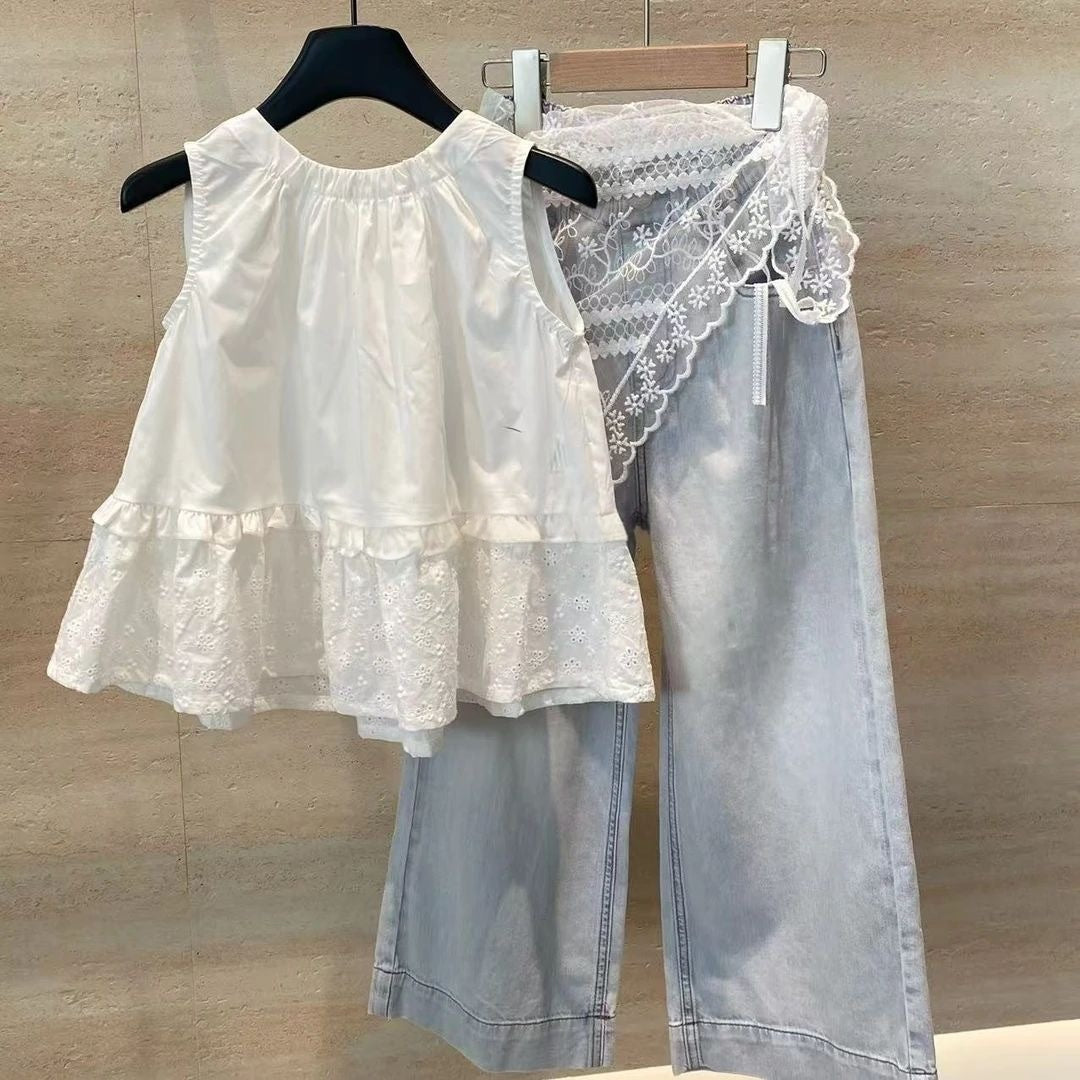 Girls Western-style Korean-style Shirt And Denim Pants Two-piece Set