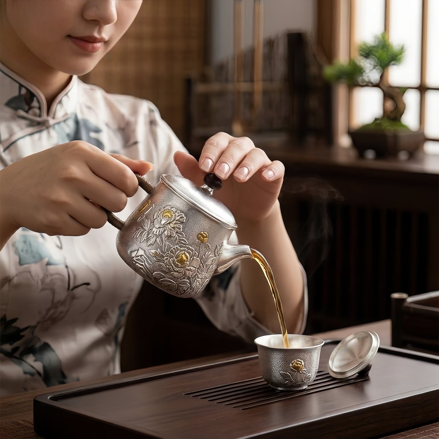 925 Sterling Silver Handcrafted Silver Tea Mug with Ornate Peony Relief and Rattan Handle - Handicraft