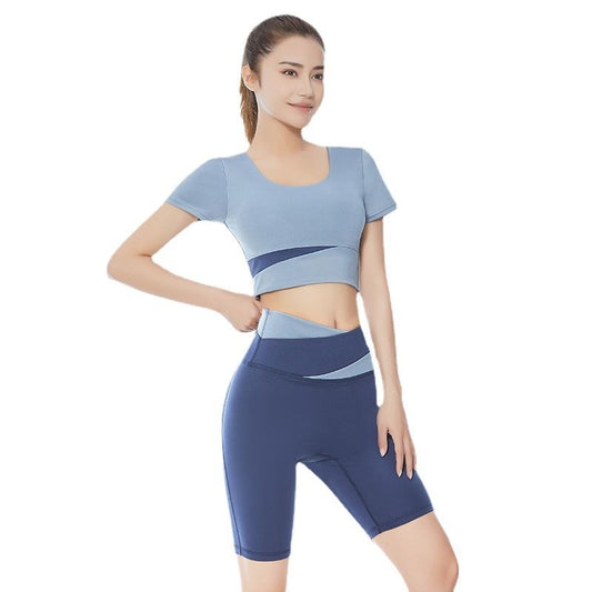 New Stitching Fitness Clothing Suit Navel-exposed Short-sleeved Suit High Waist Hip-lifting Running Sports Fitness Yoga Clothing Suit