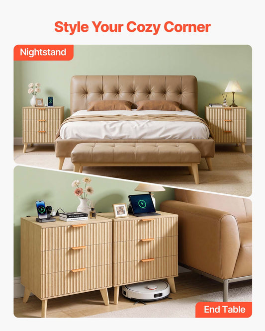 Fluted Nightstands With Charging Station, Set Of 2, Dresser For Bedroom With 3 Drawers, Mid Century Modern End Table, Bedside Cabinet Side Table Chest Of Dresser, For Bedroom, Living Room, Khaki