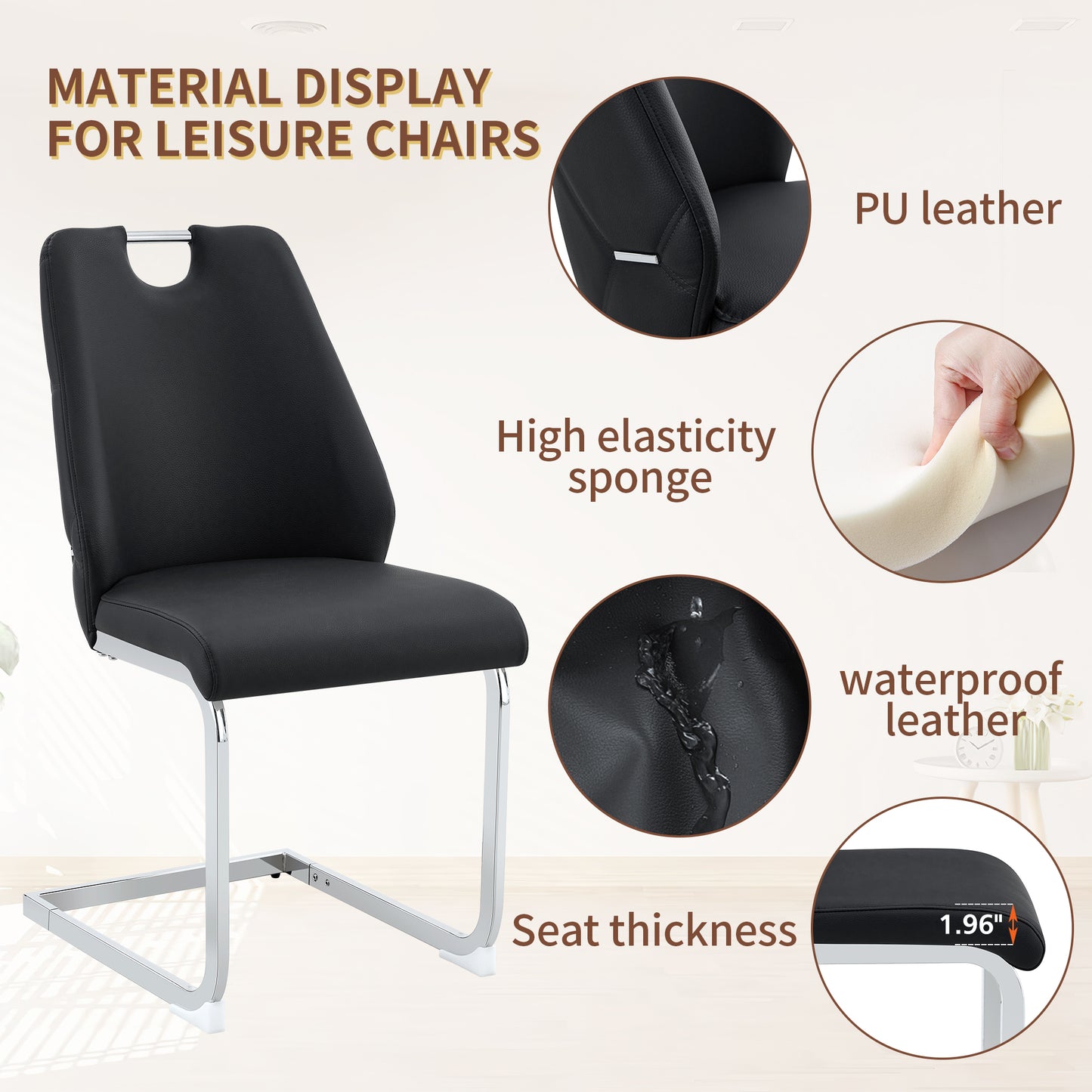 Dining Chairs Set Of 2, Black Faux Leather Kitchen Chairs With Gold Mesh Texture, Silver Back Ring And Chrome Pull Handle, High Back Upholstered Dining Room Chair  Black, Set Of 2