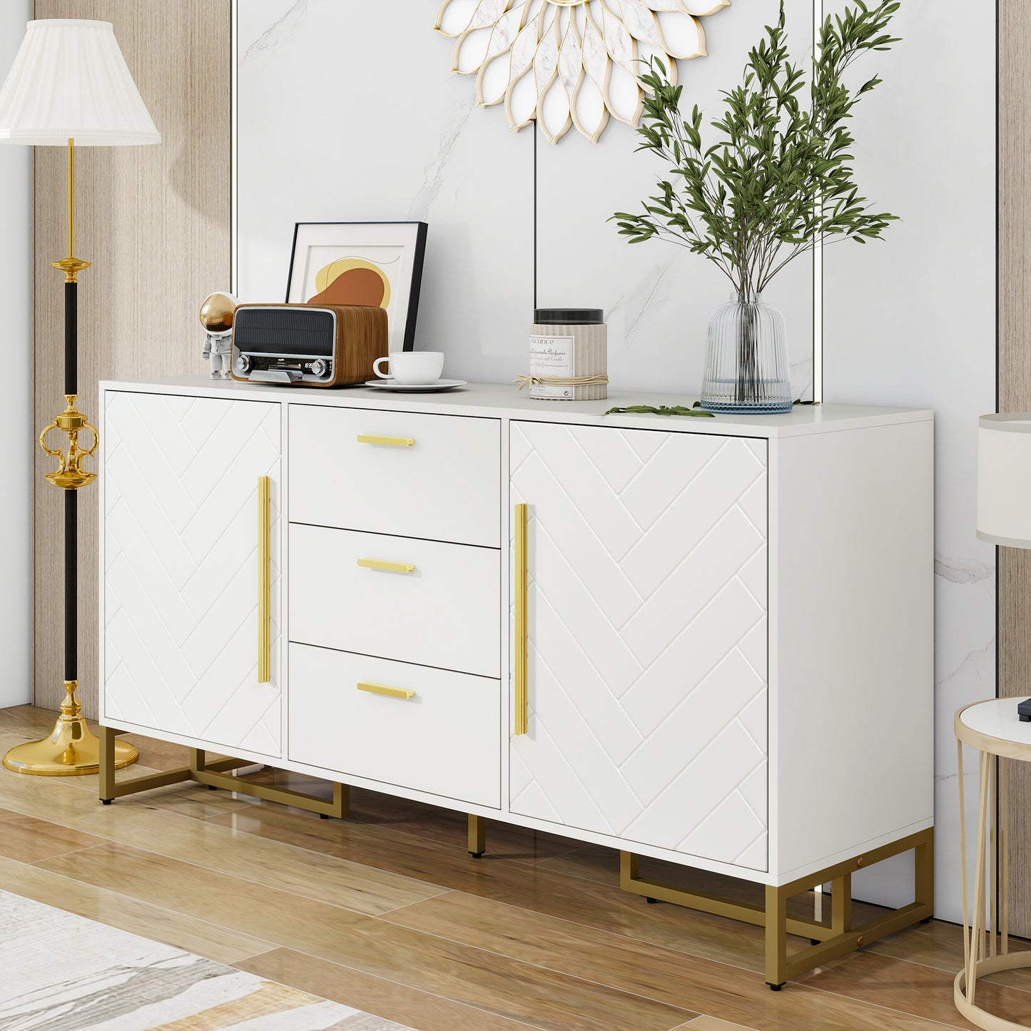 White Elegant Sideboard With Herringbone Pattern, With 2 Doors And 3 Drawers For Dining Room, Kitchen And Living Room  White
