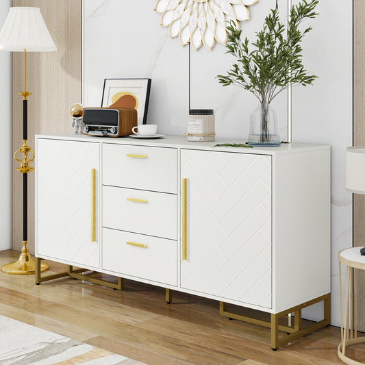 White Elegant Sideboard With Herringbone Pattern, With 2 Doors And 3 Drawers For Dining Room, Kitchen And Living Room  White