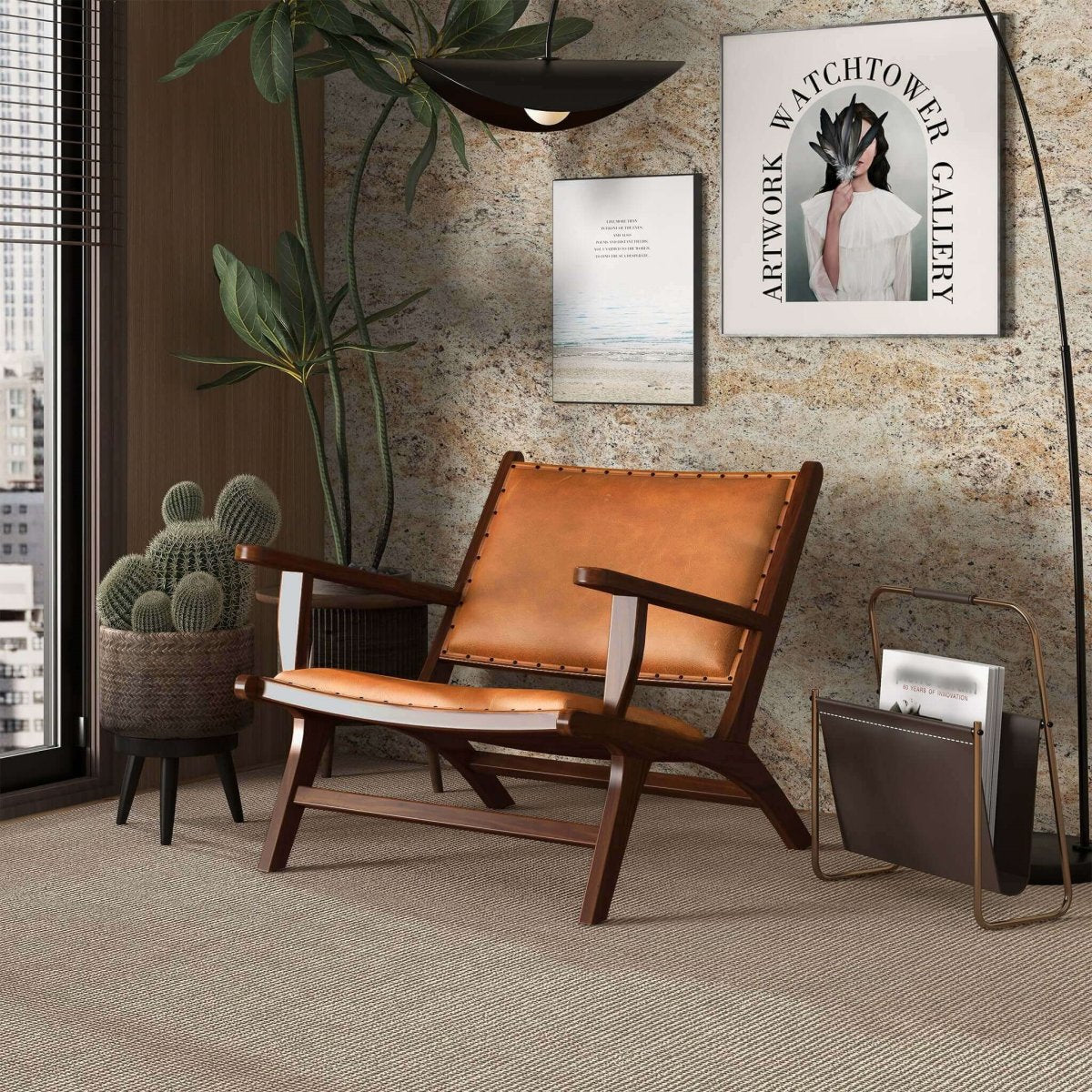 Daniel Mid-Century Modern Leather Arm Chair With Walnut-Finished Legs, Tan, Genuine Leather, 25  H X 26  W X 28  D For Living Room Bedroom Waiting Room