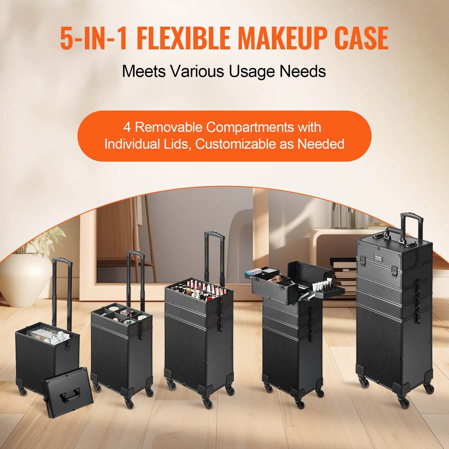 5 In 1 Professional Makeup Train Case Aluminum Cosmetic Case, Rolling Makeup Case Extra Large Trolley Makeup Travel Organizer, With 360° Swivel Wheels & Adjustable Pull Rod, Black