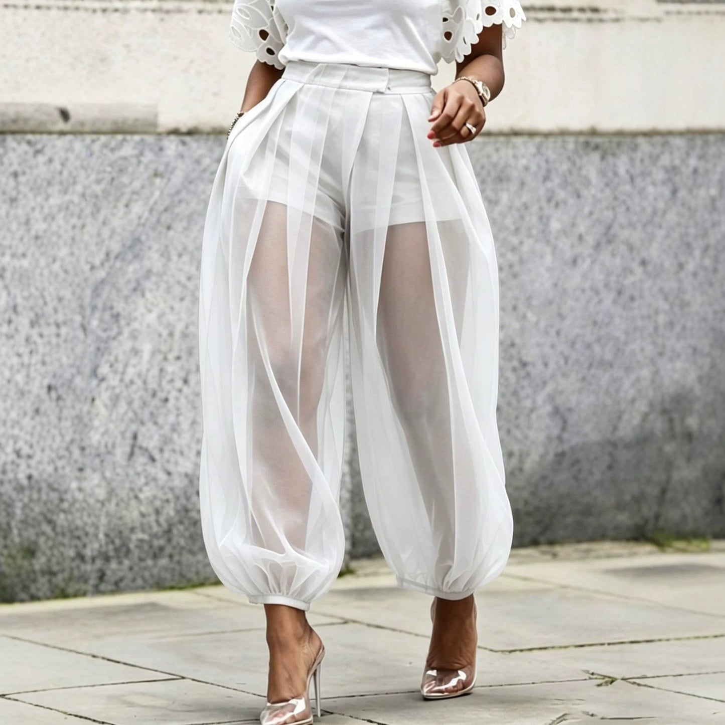 Summer New Semi Transparent Mesh Solid Color Bloomers
