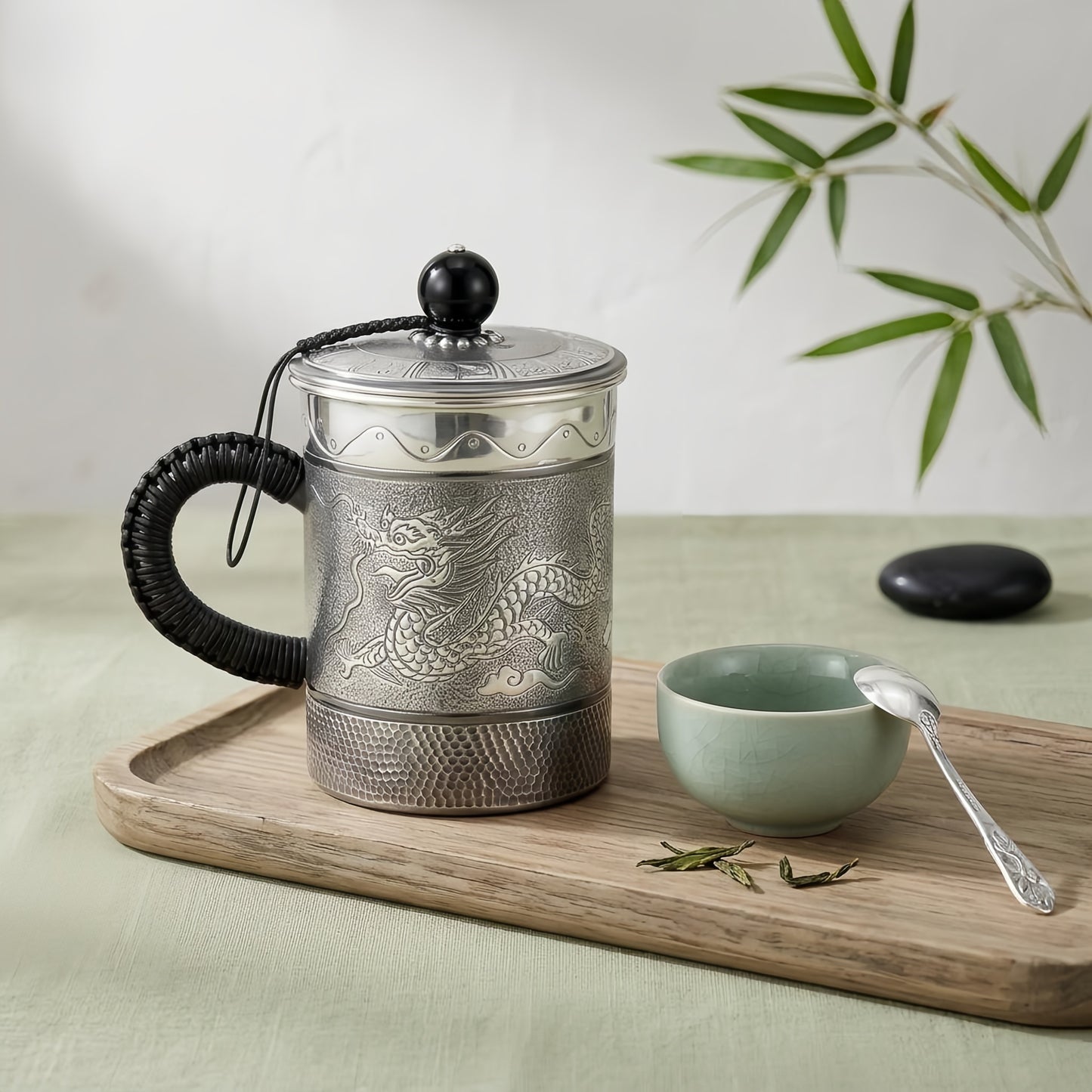 925 Sterling Silver Handcrafted Silver Dragon Tea Mug with Engraved Details and Lid - Handicraft