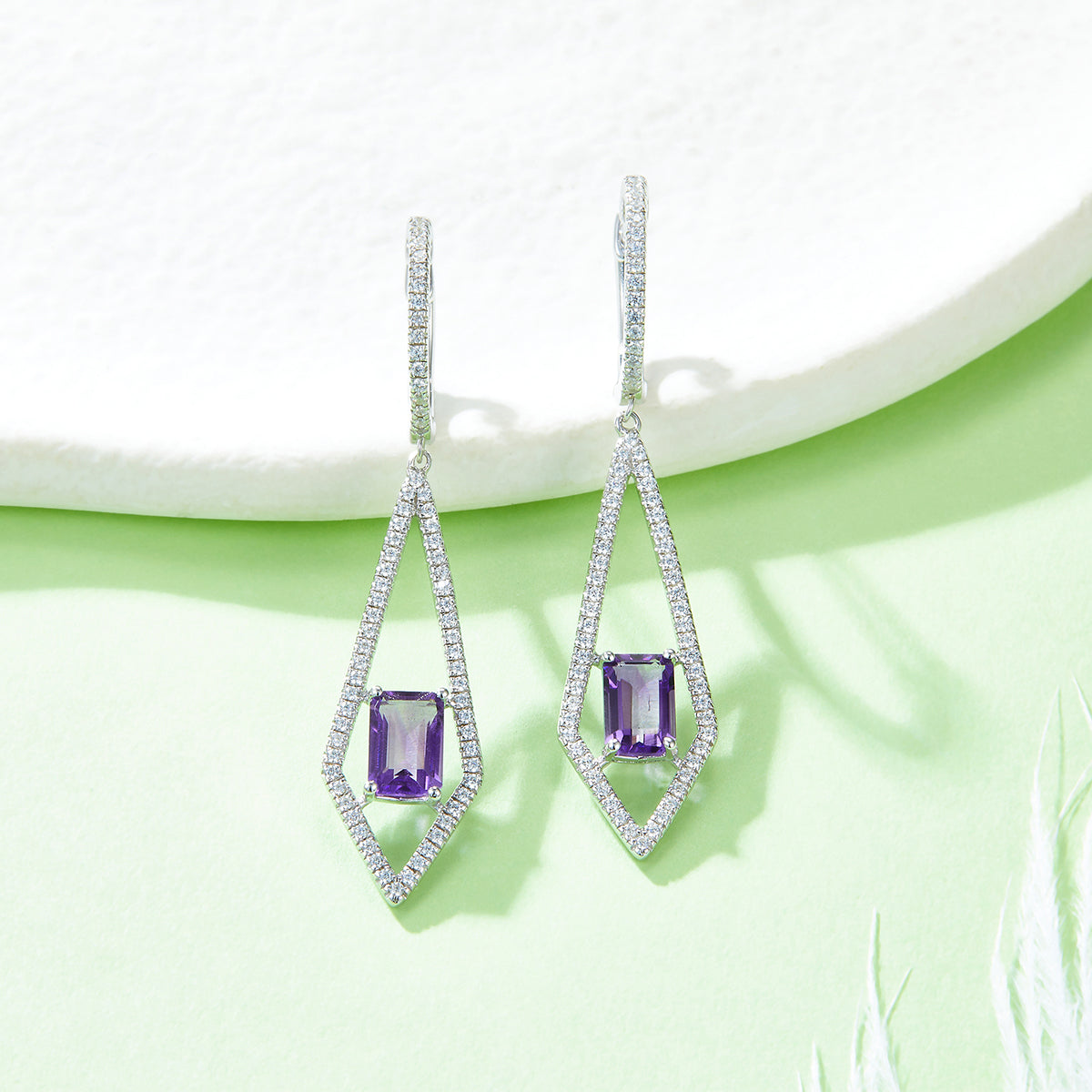 S925 Sterling Silver Dangle Earrings 6x4mm Natural Amethyst, Platinum Plated Long Kite Drop Earrings For Women, Fine Jewelry Gift Box Set