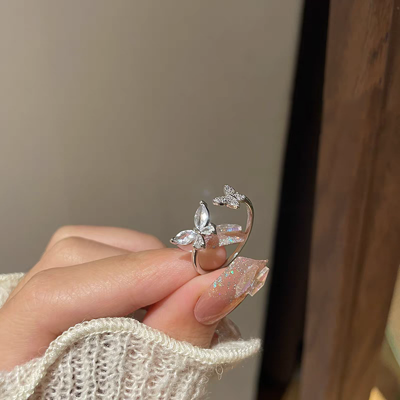 1 Piece 999 Sterling Silver Double Butterfly CZ Ring, Open Adjustable Band Style, For Daily Wear & Valentine's Gifts
