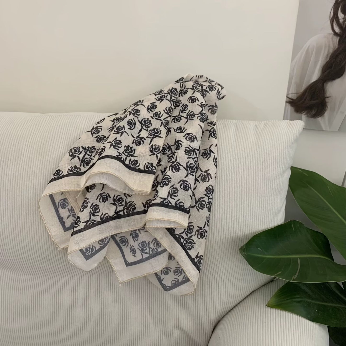Korean-style Cashew Flower Cotton-Linen Square Scarf For Women