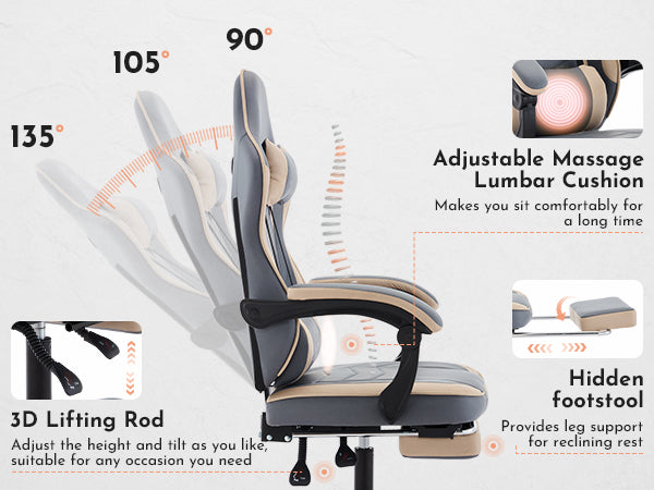 Gaming Chair, Ergonomic Computer Chair With Footrest And Massage Lumbar Support, Height Adjustable Swivel Video Game Chair For Adults, 300lb Max, Blue Beige
