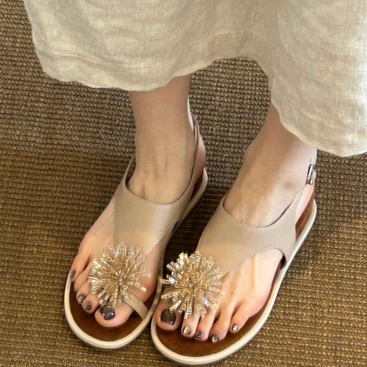 Women's Fairy Style Rhinestone Decor Toe Post Flip Flops, 2026 New Summer Flat Vacation Beach Slides For Outdoor Wear