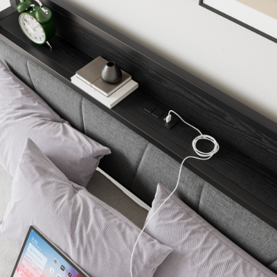 Queen Size Bed Frame, Storage Headboard With Charging Station, Solid And Stable, No Box Spring Needed, Easy Assembly