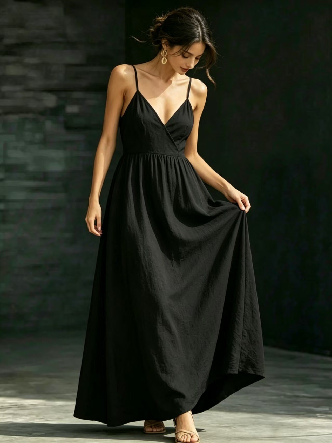 Summer V-Neck Spaghetti Strap Maxi Dress With Pockets - Elegant Vacation & Office Wear For Women