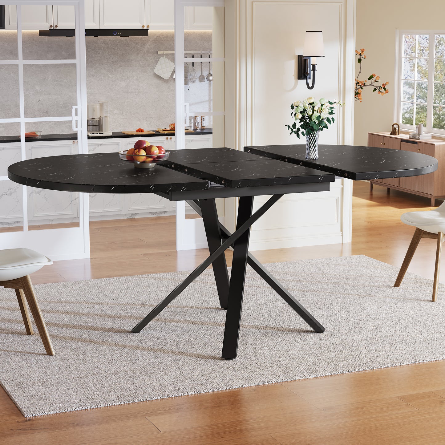 Round Extendable Table With Marble Look - 100 Cm  Extendable To 140 Cm  X 75.5 Cm High - With Sturdy X-shaped Metal Frame In Black - Ideal As A Kitchen Table Or Breakfast Table