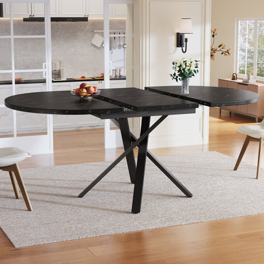 Round Extendable Table With Marble Look - 100 Cm  Extendable To 140 Cm  X 75.5 Cm High - With Sturdy X-shaped Metal Frame In Black - Ideal As A Kitchen Table Or Breakfast Table
