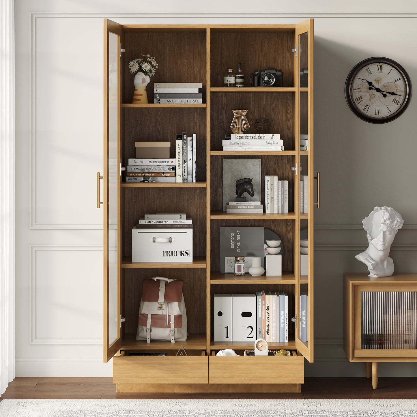 Glass Display Case  Office Cabinet Bookcase Filing Cabinet Storage Shelf  Offset Non-Adjustable Shelves, Handleless Push-To-Open Drawers, 80x40x160cm, Wood Color