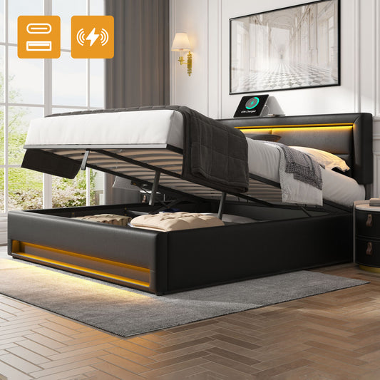 Upholstered Bed 140 X 190 Cm, With USB Port  Supports Wireless And Wired Charging , With LED Lighting And Storage Space, Without Mattress, PU-Lychee Design, Black OLD SKU 3252956AAS