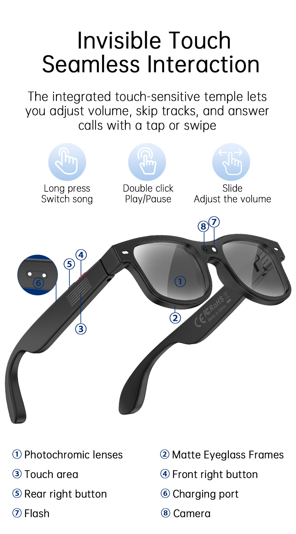 8MP AI Smart Glasses Bluetooth Sunglasses For Music Calling Translation G3