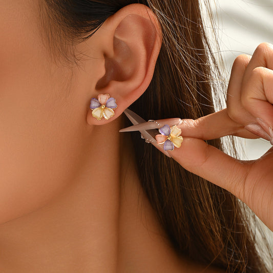 Hot Selling Cross-border Japanese Korean Style Women Earrings, Geometric Colorful Petal Inlaid Cubic Zirconia Stud Earrings, Niche Versatile High-end Ear Jewelry For Ladies