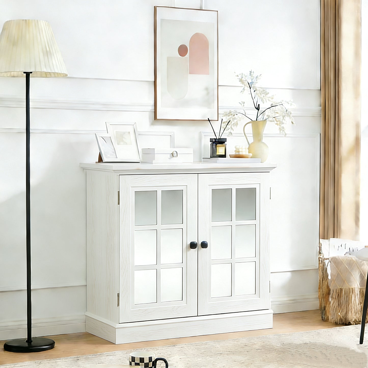 Storage Sideboard Cabinet With 2 Decorative Acrylic Mirrored Doors, Adjustable Shelf For Dining Room, Living Room, Kitchen, Metal Handles, MDF White 3D Wood Grain Finish