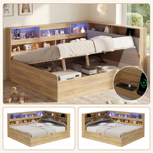 Daybed, Hydraulic Storage Bed, Children's Bed 140x200cm, Wooden Bed, Youth Bed, With USB Charging Station And LED Lighting, Natural Colour