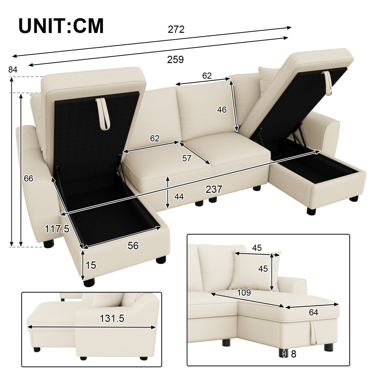 Modern Luxury Chenille U-Shaped Sectional Sofa With 2 Storage Chaise Lounges, 2 Square Cushions, Comfy Couch For Living Room, Beige, 272 X 131.5 X 84 Cm