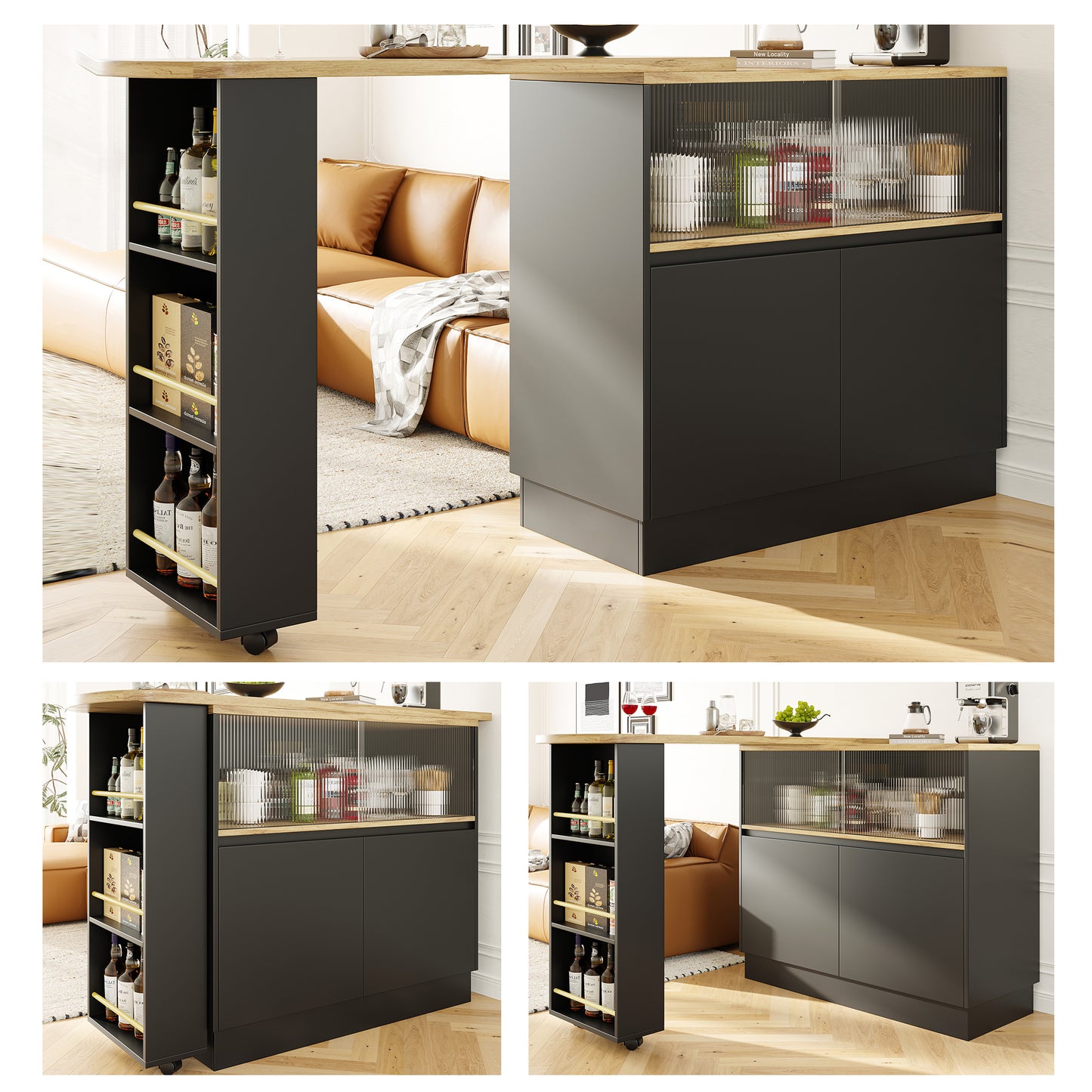 N620P20771617S 360 Rotatable Edible Bar  Main Body 90 X 45 X 100 Cm , Modern, Simple, Multifunctional, Swivel Sideboard With Shelves And Glass, Suitable For Kitchens And Restaurants