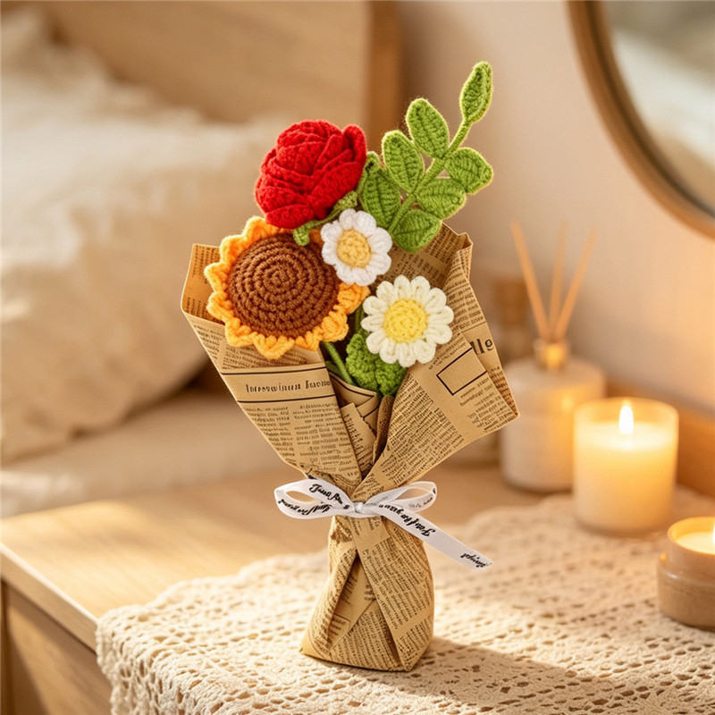 Knitted Sunflower Rose Flower Bouquet , Handmade Forever Floral Gift For Women Home Decor