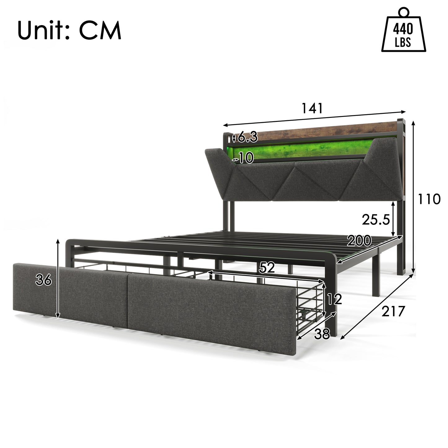 Sofa Bed With USB Type C Charging Function, Storage Head Part And LED Lighting And Drawer, Double Bed 140x200 Storage Bed Frame With Metal Frame, Grey  Without Mattress
