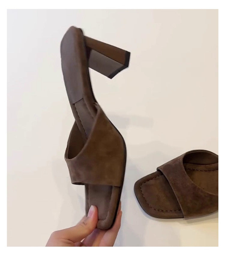Elevated Version French Open Square Toe High Heel Slides For Women, Simple Slip-On Block Heel All-Match One-Strap Summer Outdoor Sandals