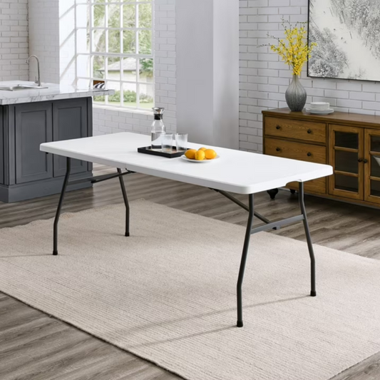 White 6 Foot Fold-in-Half Plastic Table, Indoor Outdoor, Scratch Resistant, Stain & UV Damage, Built-in Carry Handle  Shipment From Walmart