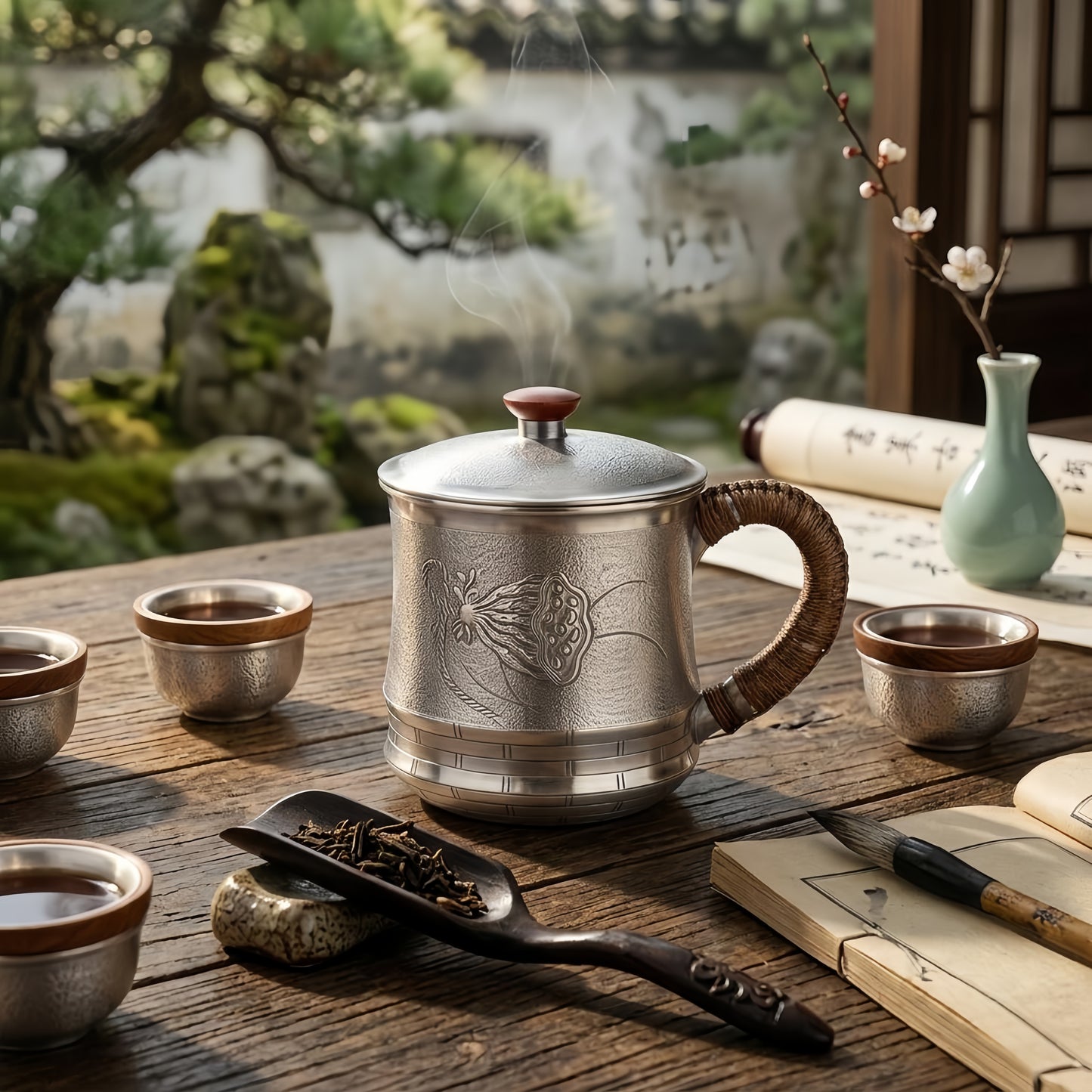 Pure 999 Fine Silver Elegant Handcrafted  Mug with Wooden Handle and Rattan Accent-Premium Tea Mug - Handicraft