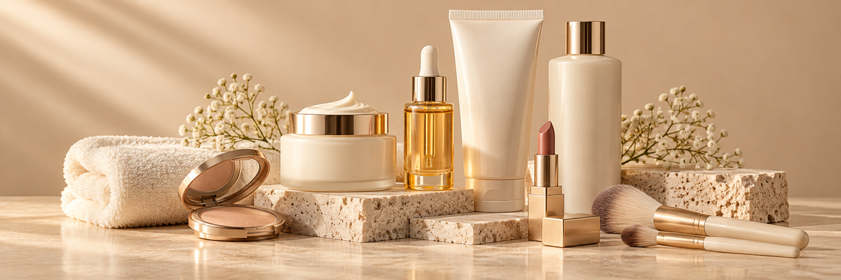 Beauty products arranged on a warm ivory background