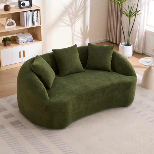 LY-049S Curved Modern Boneless Sofa Loveseat  Backrest Upgrade  2-Seater Green Chenille Compression Couch With 3 Pillows  Minimalist Modular Couches For Living Room  Office  Apartment  Guest Room